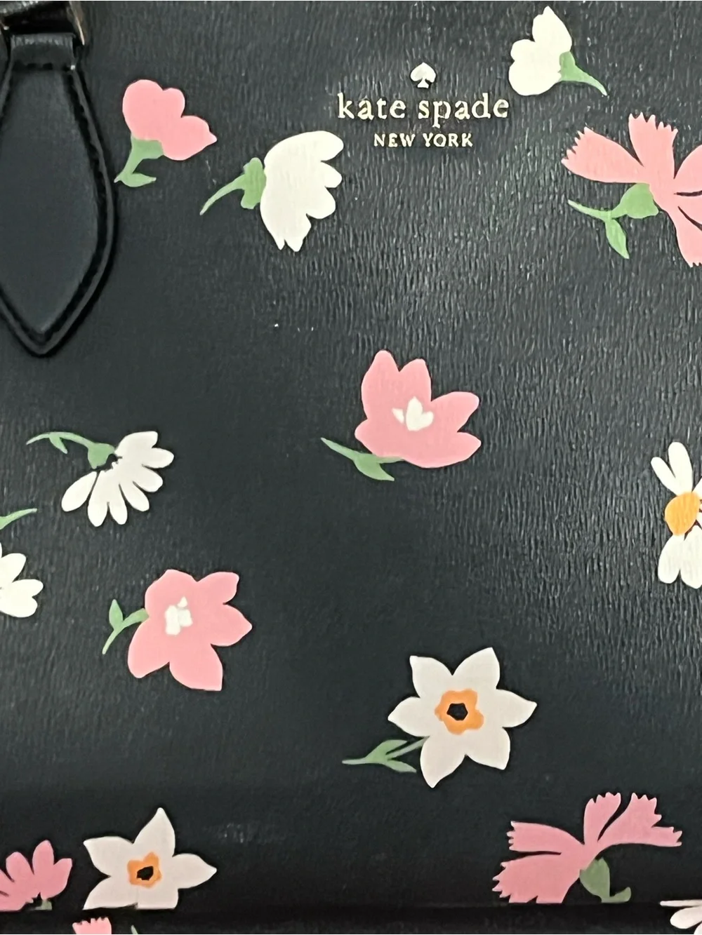 kate spade black floral print tote with pink and white blooms